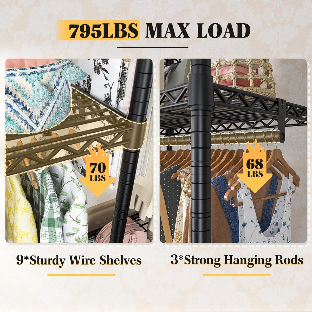 Raybee Clothes Rack Heavy Duty Load 795LBS Portable Clothing Racks for Hanging Clothes Adjustable