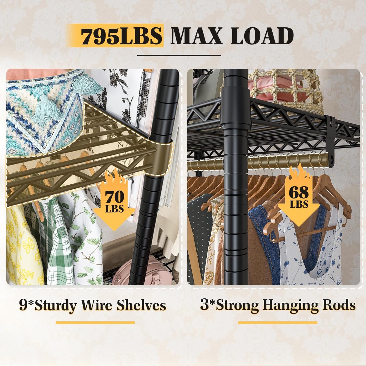 Raybee Clothes Rack Heavy Duty Load 795LBS Portable Clothing Racks for Hanging Clothes Adjustable