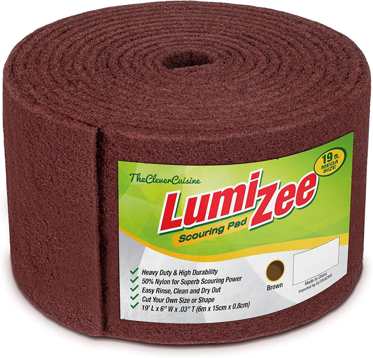 Heavy Duty Scrubbing Pad Roll 19ft Ultra Size Sponge Scouring Pad Brown19ft x 6in x 0.3in (6m x