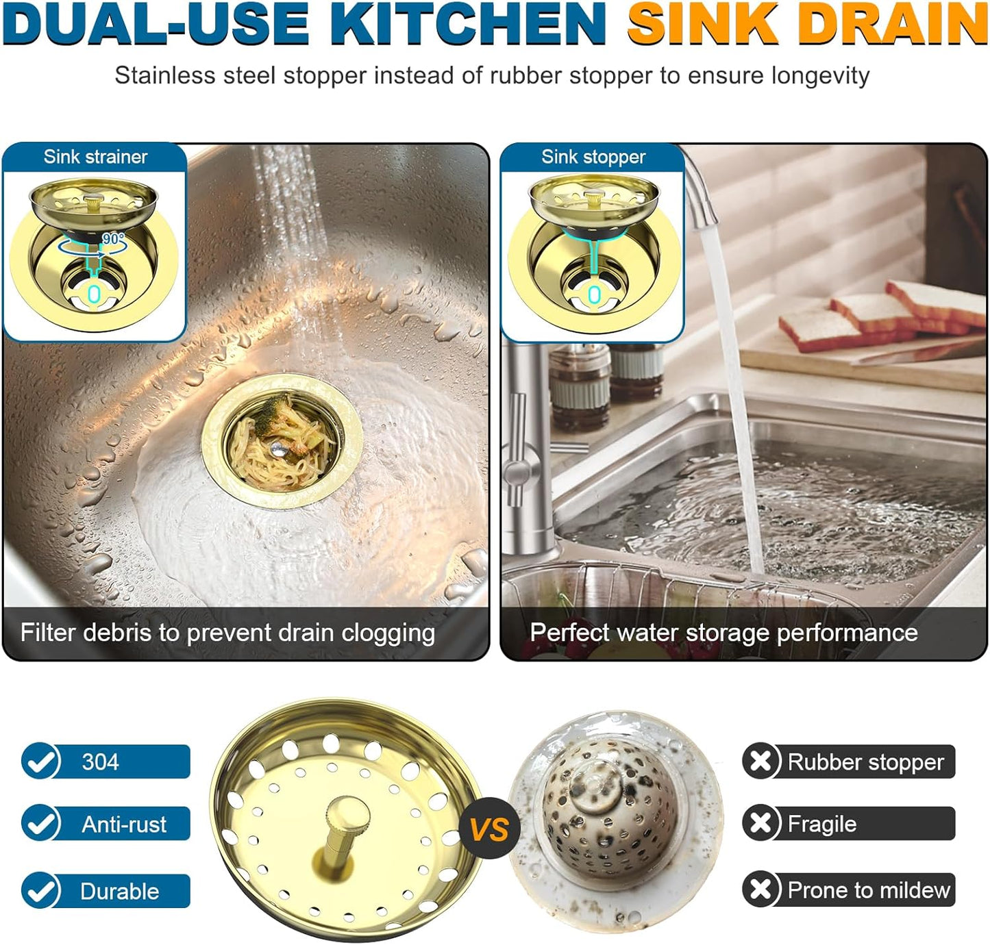 BOTEMY Stainless Steel Gold Sink Drain Strainer Kit 3-1/2 inch Kitchen Drain Assembly with Metal