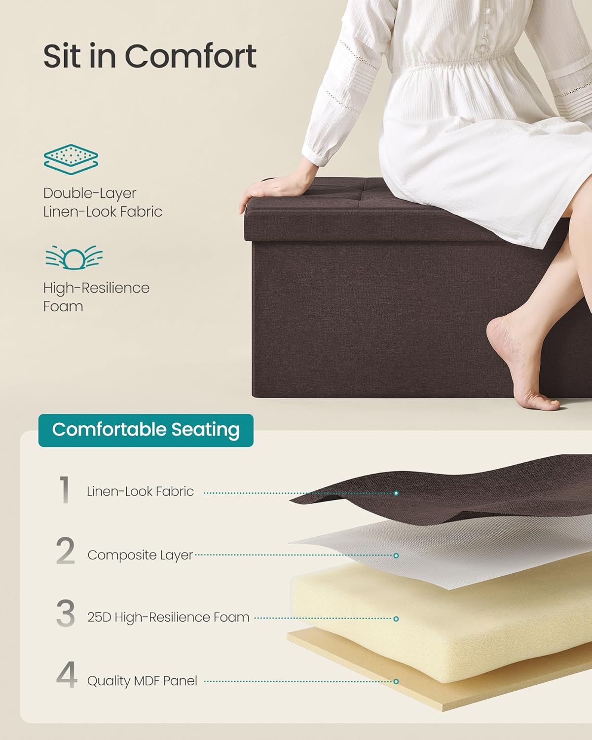 SONGMICS MAZIE Collection - 43 Inches Folding Storage Ottoman Bench, Ottoman Foot Rest, End of Bed