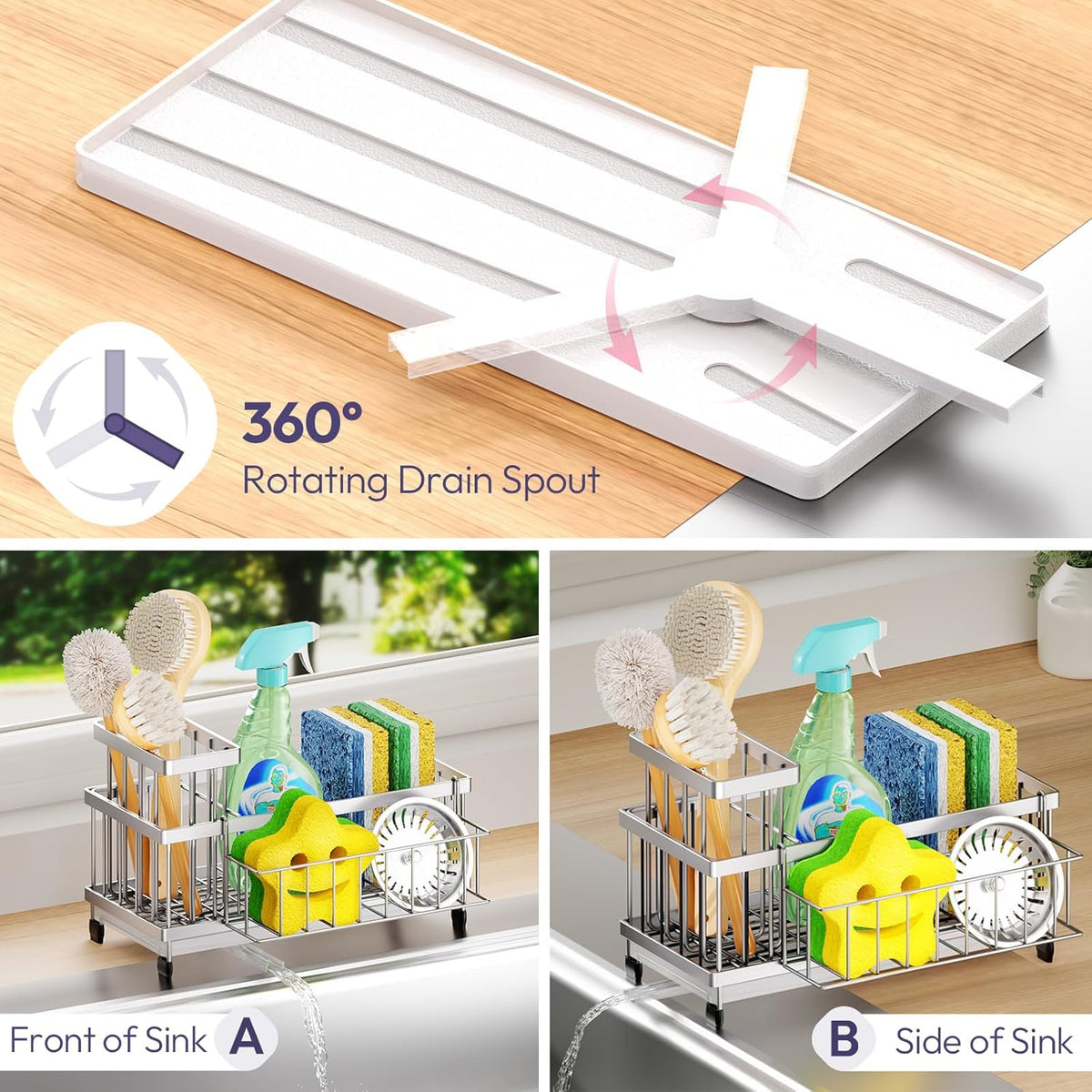 SWTYMIKI Sink Caddy Sponge Holder - Large Sponge Holder for Kitchen Sink with 360°Auto-Drain Tray