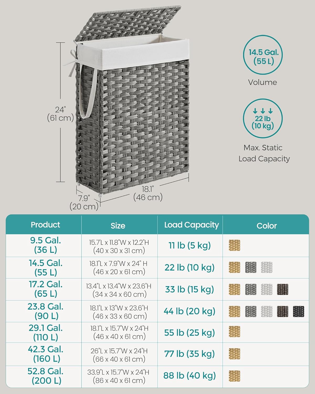 SONGMICS Slim Laundry Hamper with Lid, 14.5 Gallon (55L) Rattan Clothes Laundry Basket with Lid and
