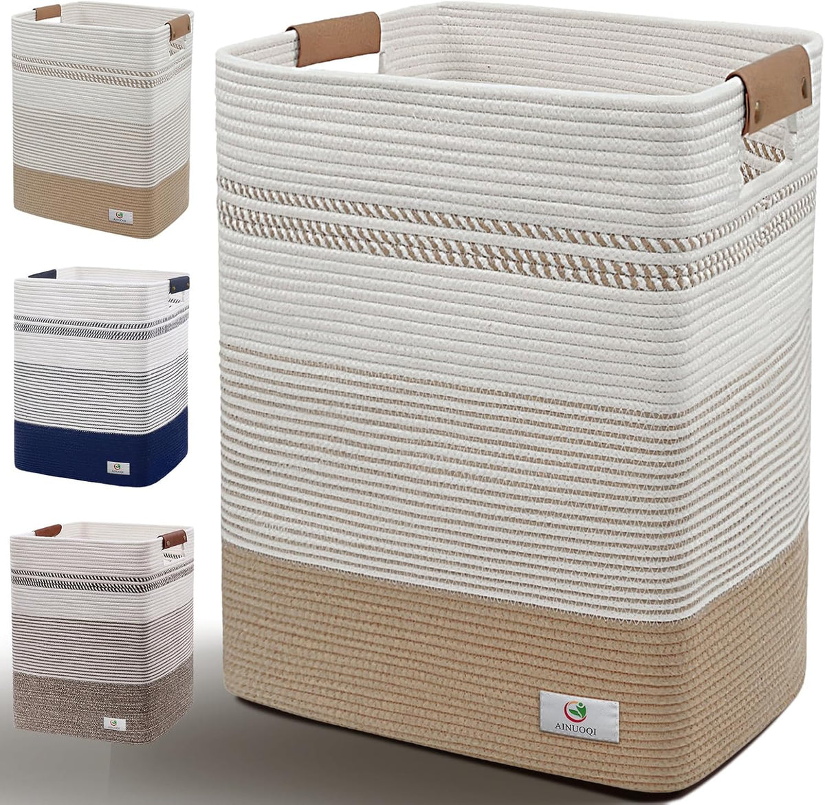 Laundry Hamper Large Laundry Basket with Leather Handles, Decorative Storage Cotton Rope Woven