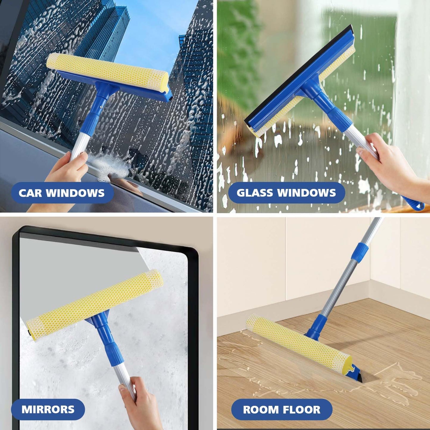 Professional Window Squeegee,2 in 1 Squeegee Window Cleaner with Long Stainless Steel Handle,Sponge