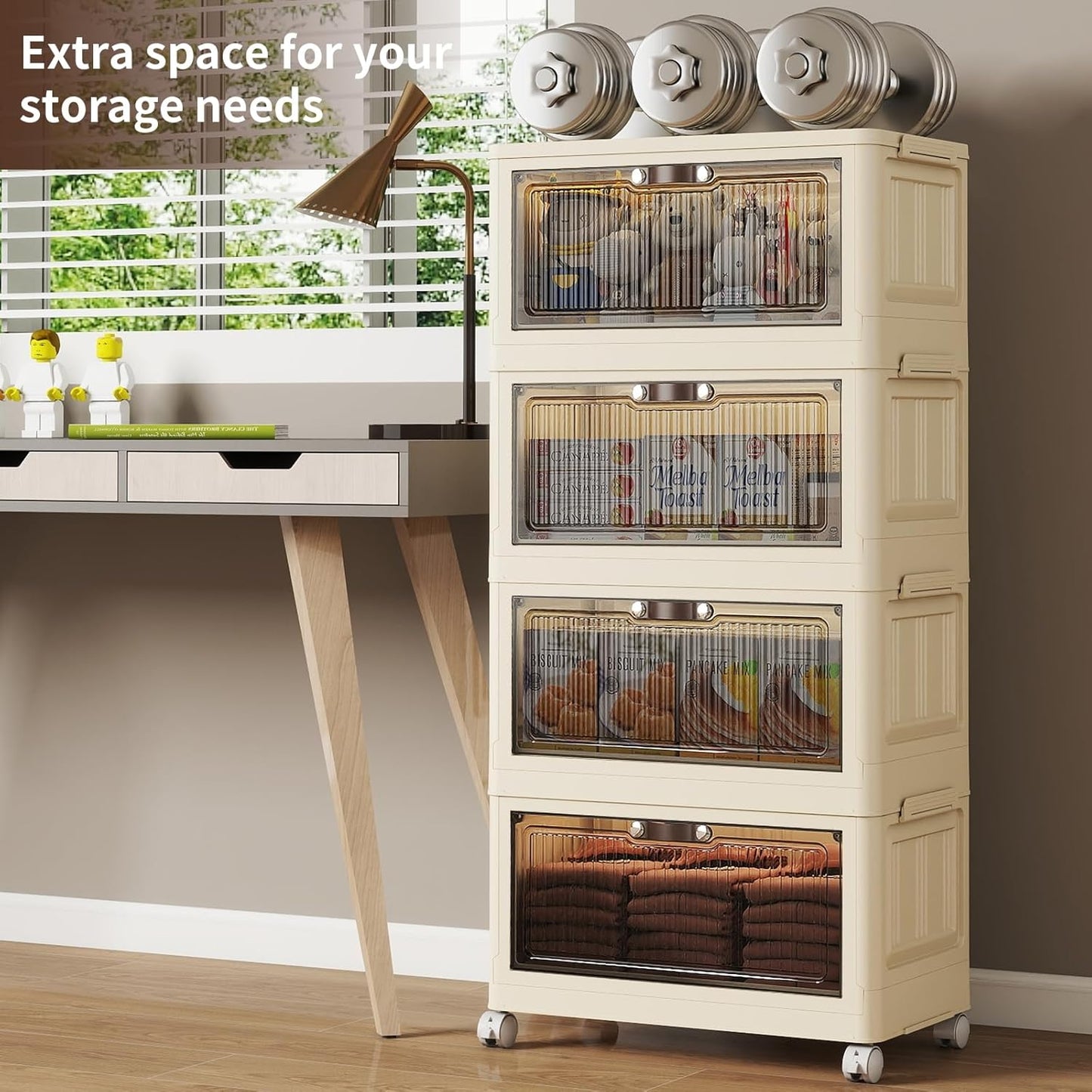 4 Tier - 34QT Storage Bins with Lids, Collapsible Storage Bins with Doors and Wheels, Plastic