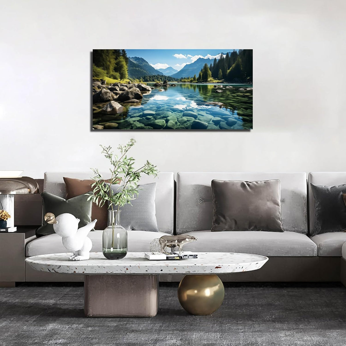 GUGIKA Landscape Wall Art for Living Room, Mountain and Lake Wall-Decor for Bedroom, Natural