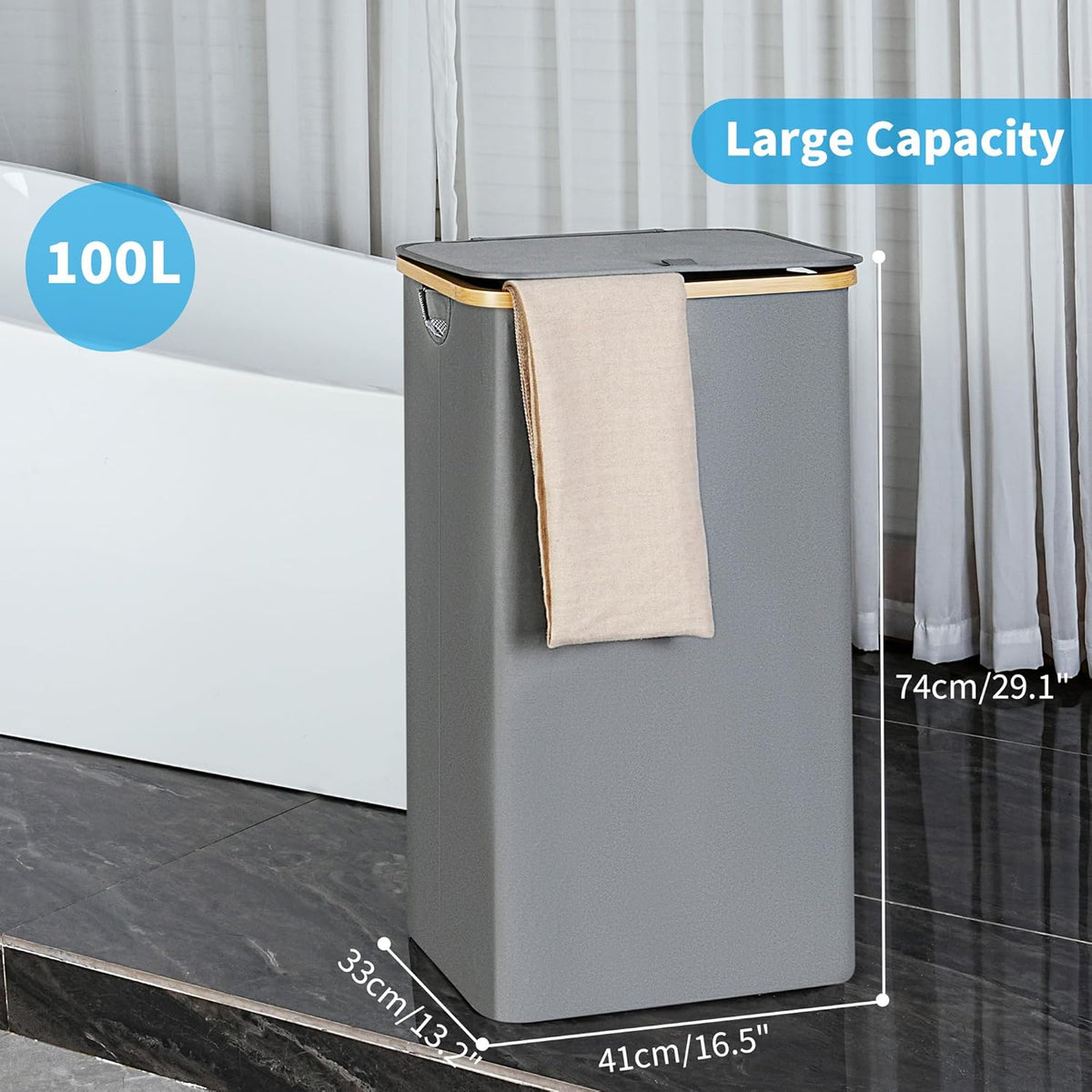 efluky Laundry Basket with Lid and Removable Bag, 100L Tall Laundry Hamper with Bamboo Handles