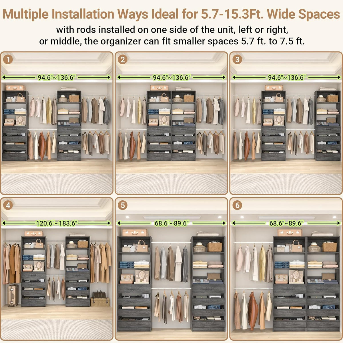 Aheaplus Closet System, 6-15Ft Closet Organizer with 8 Wooden Drawers, Wood Closet Organizer System
