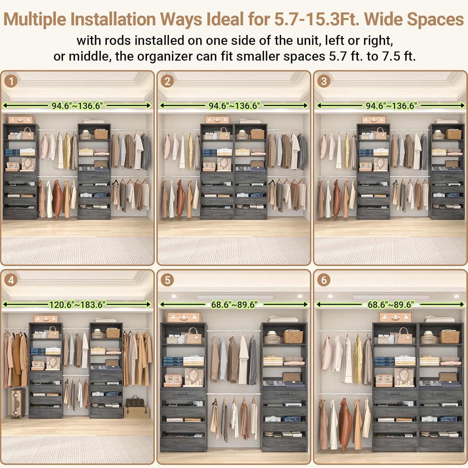 Aheaplus Closet System, 6-15Ft Closet Organizer with 8 Wooden Drawers, Wood Closet Organizer System