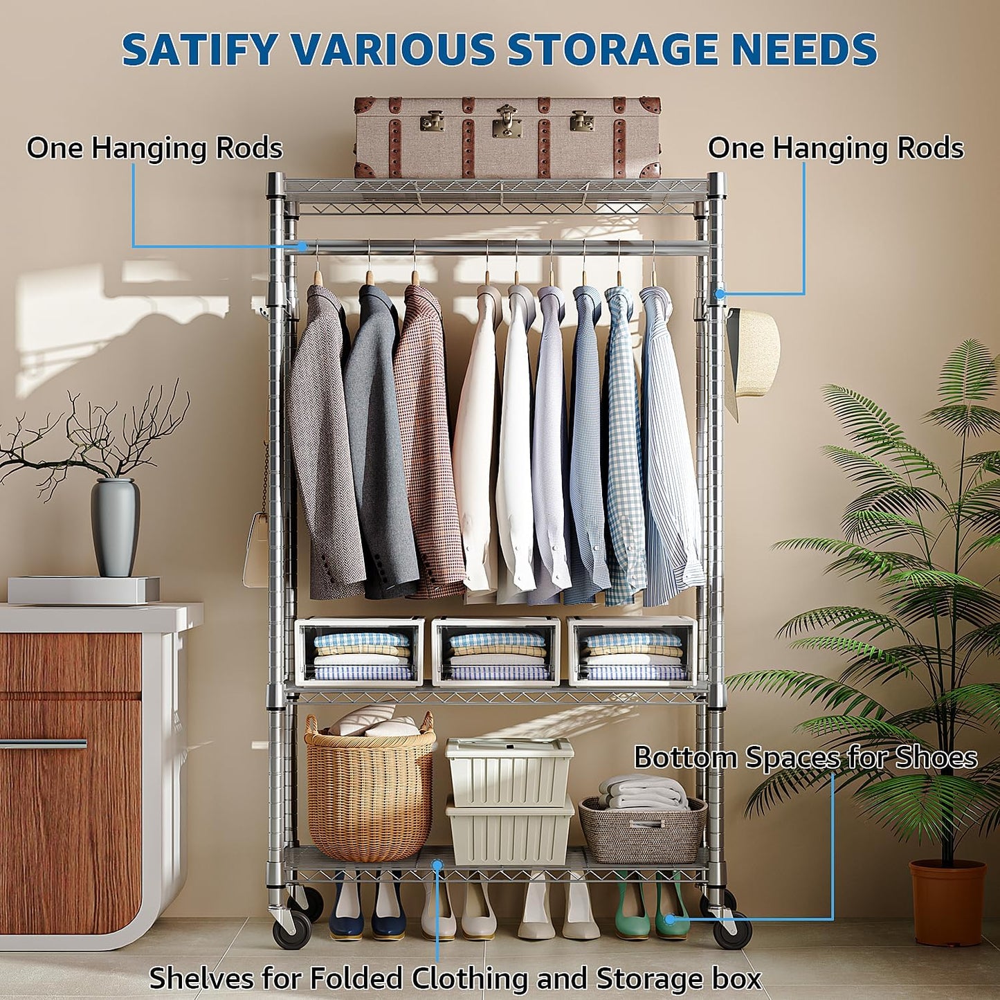 Heavy Duty Rolling Garment Rack 3 Tiers Adjustable Wire Shelving Clothes Rack with Rods and Side
