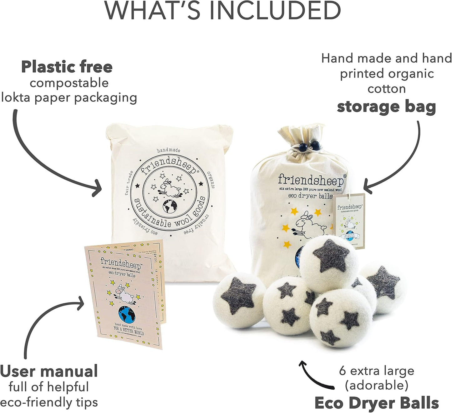 Friendsheep Wool Dryer Balls 6 Pack XL Organic Premium Reusable Cruelty Free Handmade Fair Trade No