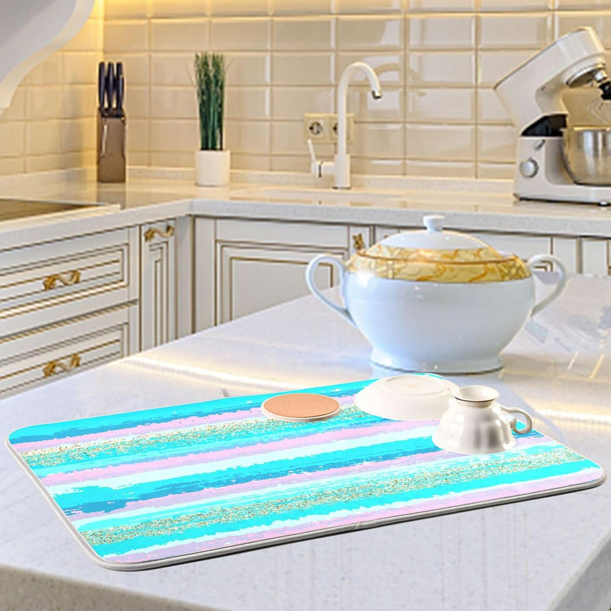Turquoise Stripe Dish Drying Mat for Kitchen Countertop 16x18 Rectangle Teal Aqua Small Drying Mat