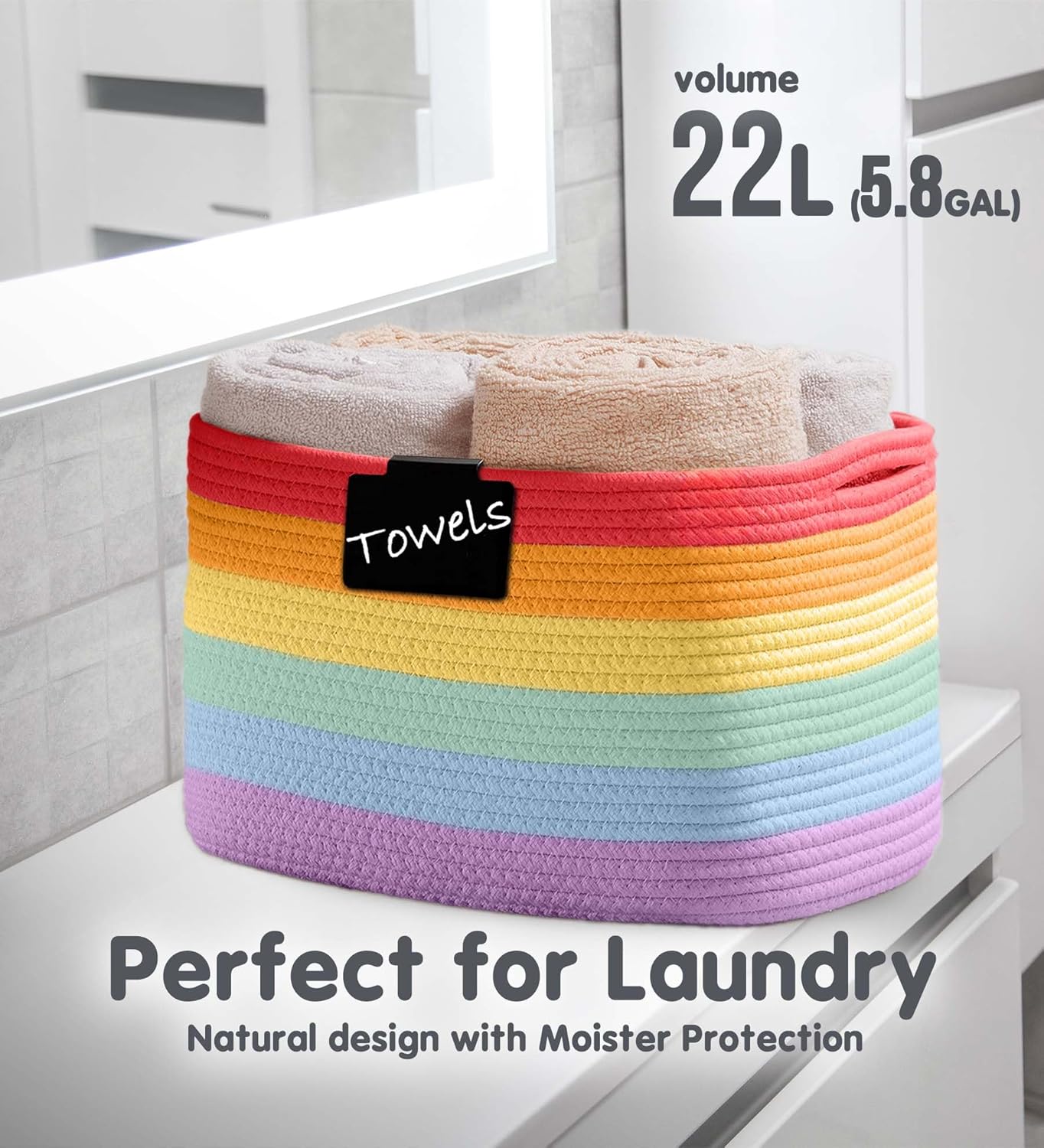CHAT BLANC Rainbow Cotton Rope Baskets for Organizing | Storage Baskets for Shelves | Rainbow Rope