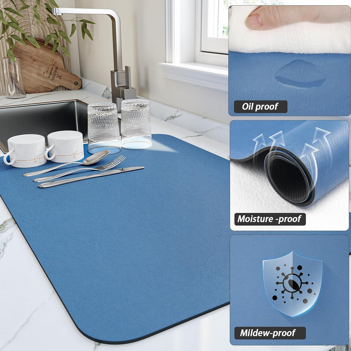 Dish Drying Mat for Kitchen Counter, Heat Resistant Drainer Mats with Non-slip Rubber Backed, Hide