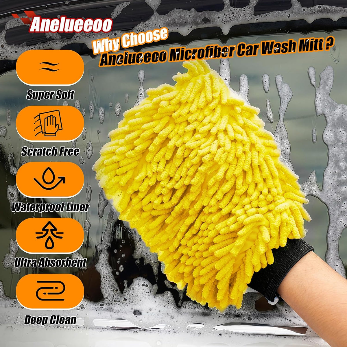 Car Wash Mitt Microfiber, Premium Chenille Microfiber Wash Car Mitts Sponge Scratch Free &