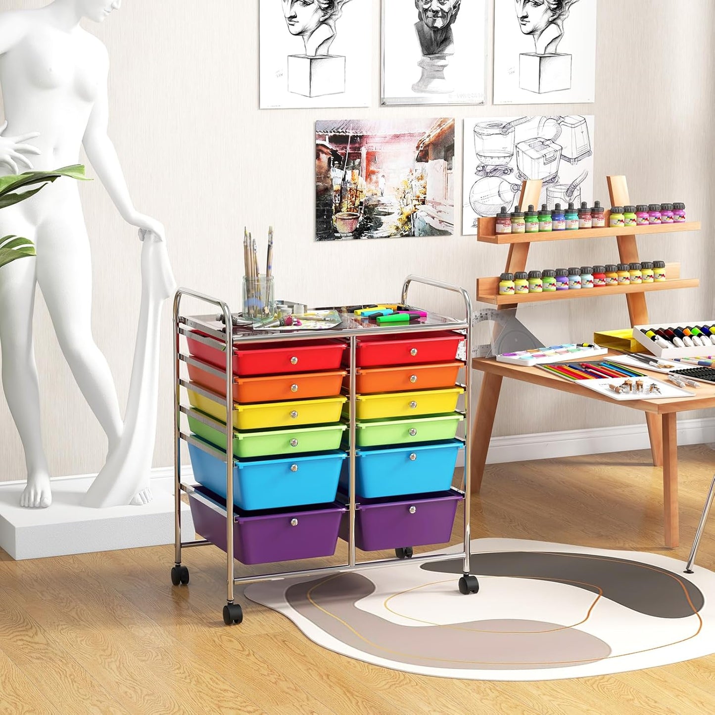 GOFLAME 12-Drawer Rolling Storage Cart, Multipurpose Organizer Cart with 2 Sizes Plastic Drawers