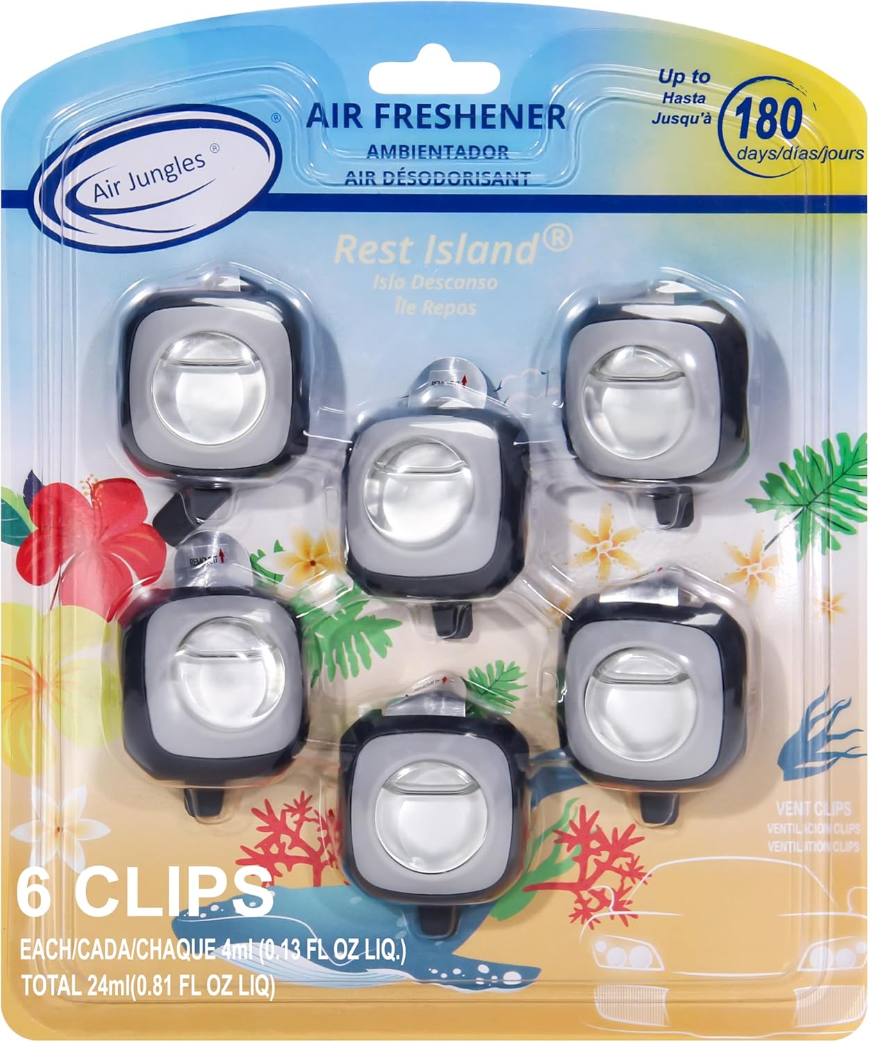Air Jungles Rest Island Scent Car Air Freshener Clip, 6 Vent Clips, 4ml Each, Long Lasting Air