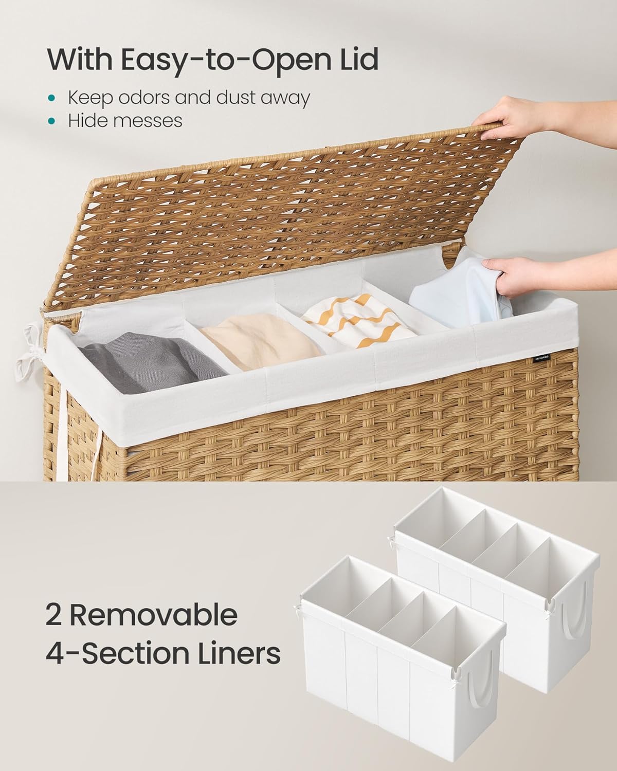 SONGMICS Laundry Hamper with Lid, 200 L Clothes Hamper with 2 Removable Liner Bags, 6 Mesh Bags