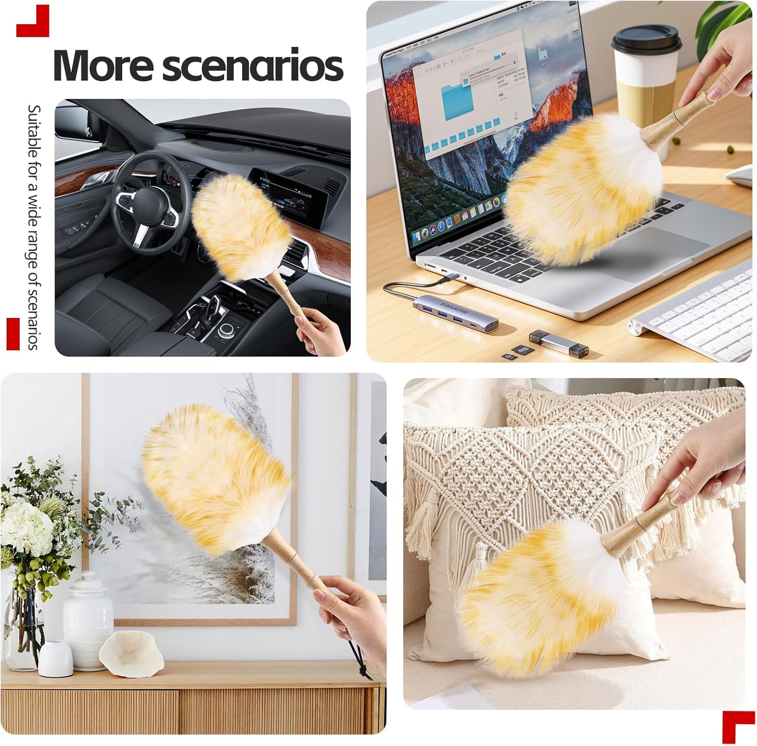 Lambswool Duster for Cleaning with Solid Wooden Handle Leather Hang Strap 14.9 inch Natural Feather