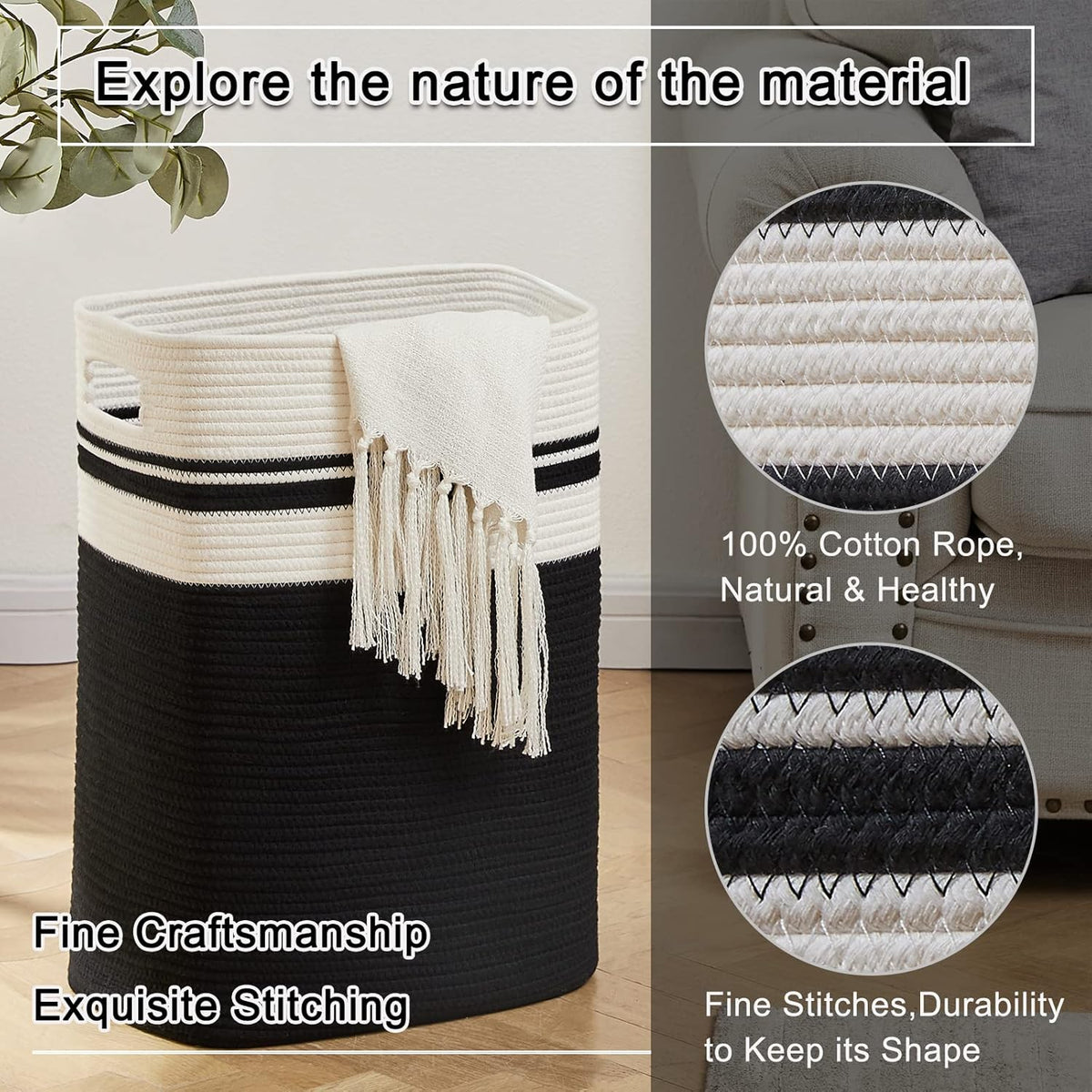 OIAHOMY Laundry Hamper-Laundry Basket,Tall Cotton Storage Basket with Handles,Decorative Blanket