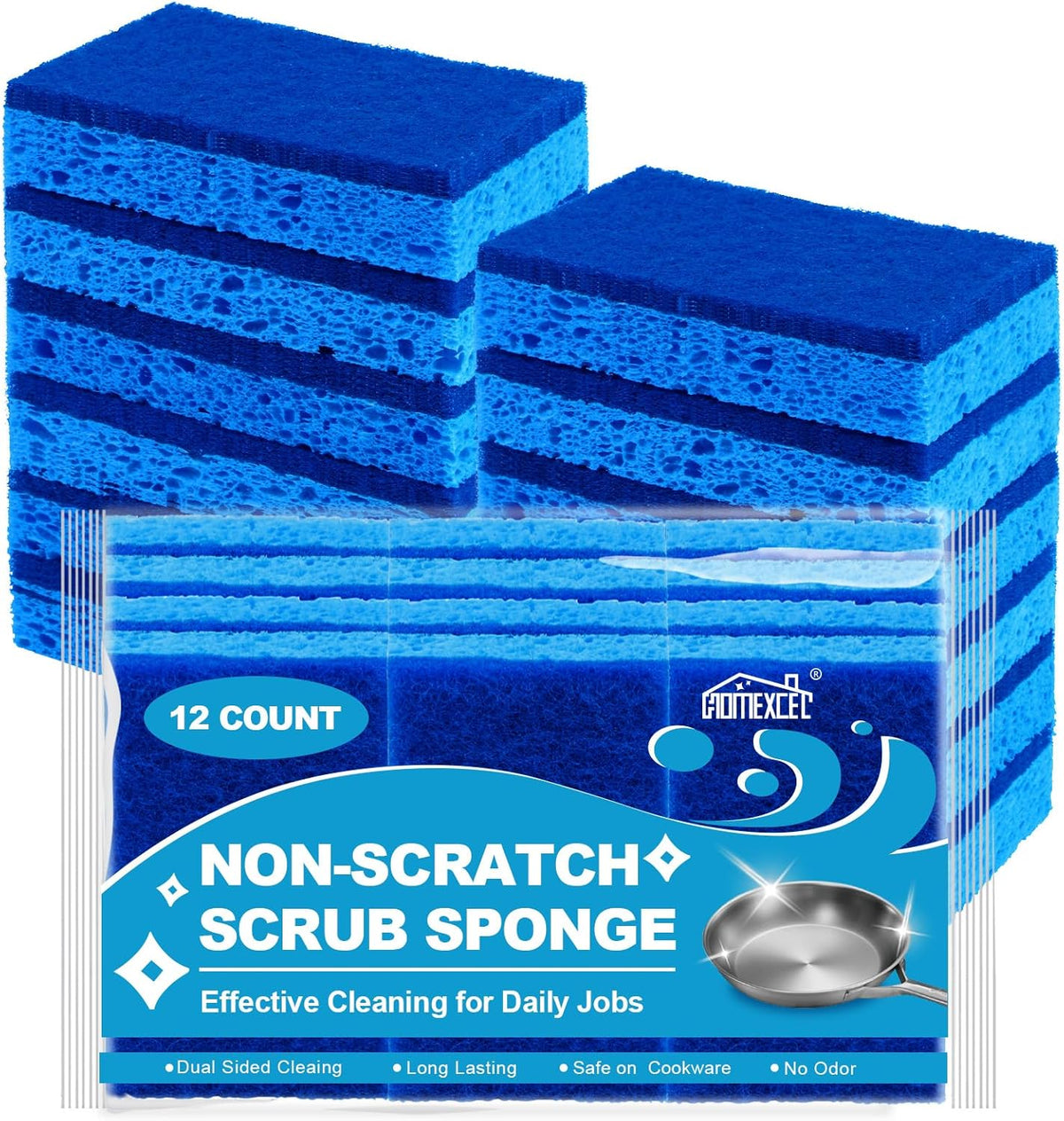 HOMEXCEL Sponges Kitchen 12pcs, Non-Scratch Scrub Dish Sponge Safe on Non-Stick Cookware, Dual