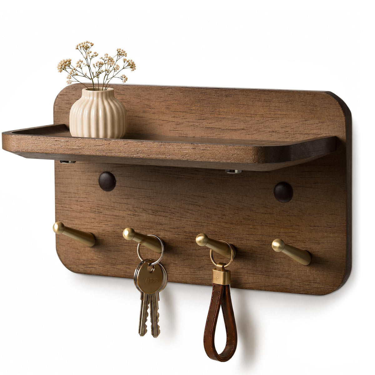 LEIRUOTM Key Holder Wall Mount, Solid Wood Key Holder for Wall with 4 Brass Hooks & Hidden Magnets