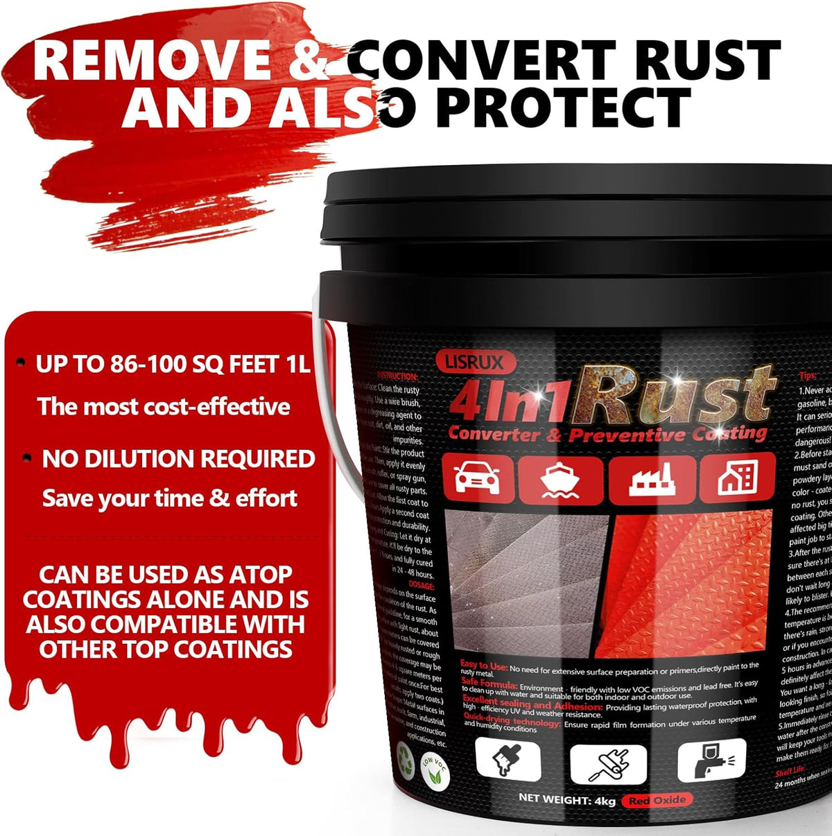 4-in-1 Rust Converter & Metal Primer, 141 Fl OZ Red Rust Inhibitor Paint for Metal, Remove &