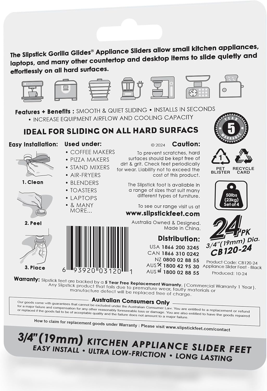 Slipstick GorillaGlides Kitchen Appliance Sliders (24 x 3/4” Round Glides) Self Adhesive Countertop