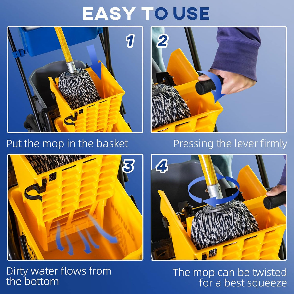 HOMCOM 2 x 6.9 Gallon Mop Water Bucket Wringer Cart with Easy to Use Side Press Wringer, Smooth
