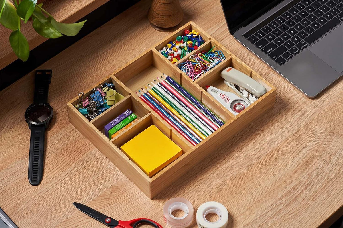 Umilife Desk Drawer Organizer, Bamboo Wood Organizer Tray with Adjustable Compartments, Office Desk