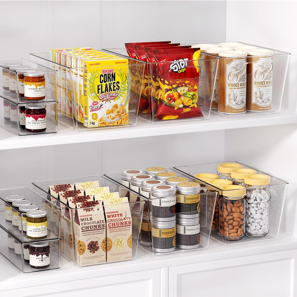 8 Pack Large Clear Plastic Storage Bins, Refrigerator Cabinet Organizers with Handles for Pantry