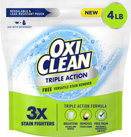 OxiClean Triple Action Free Versatile Stain Remover Powder, Use with Detergent, No Fragrance, No