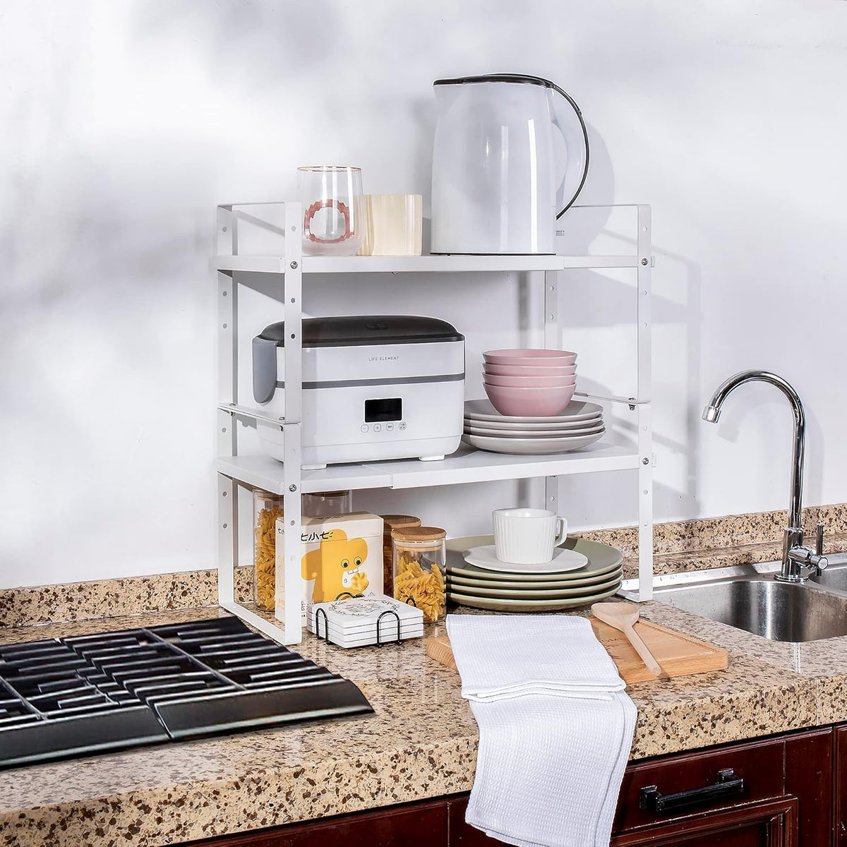 Expandable Cabinet Shelf Organizer Rack, Stackable Kitchen Counter Storage Shelves Stand