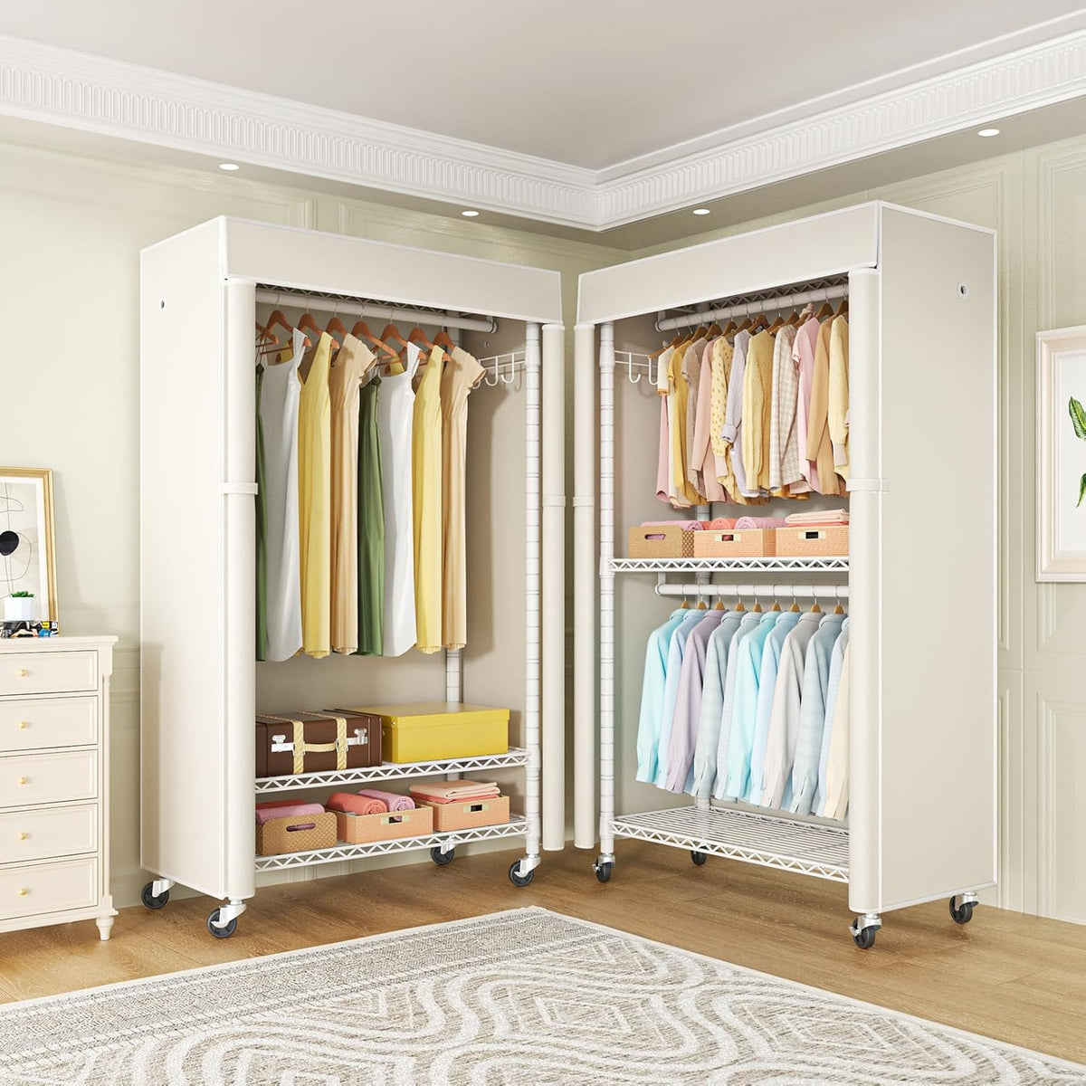 FUTASSI White Clothing Rack with Beige Cover, P1C Rolling Closets with Wheels, Metal Garment Rack