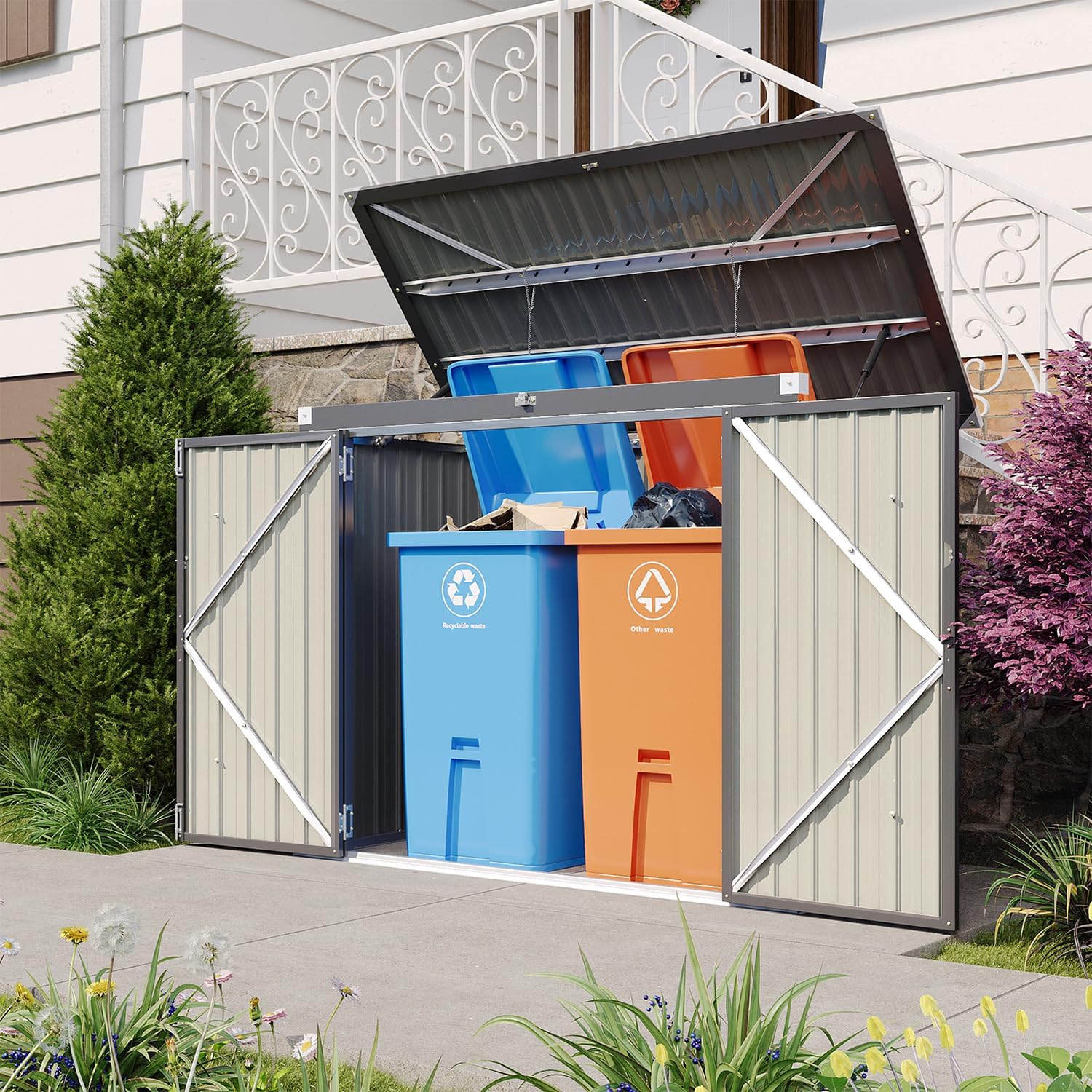 Aoxun 80 CU.FT Outdoor Storage Shed Metal Trash Can Storage with Chain Lid Waterproof Outdoor
