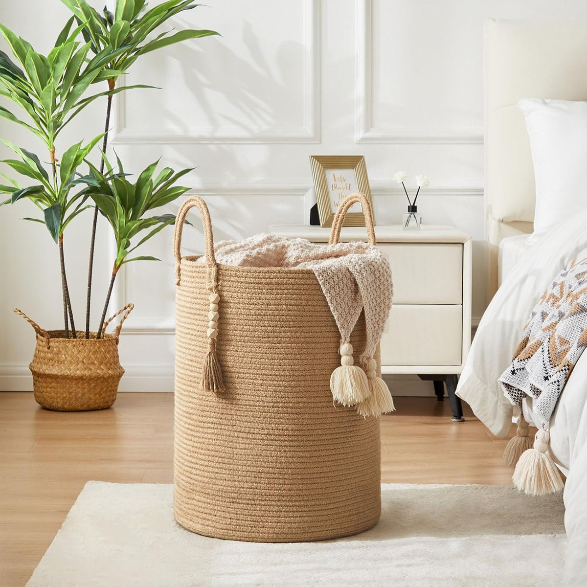 Jute Woven Rope Laundry Hamper, Tall Laundry Basket for Blanket Storage, Large Dirty Clothes Hamper