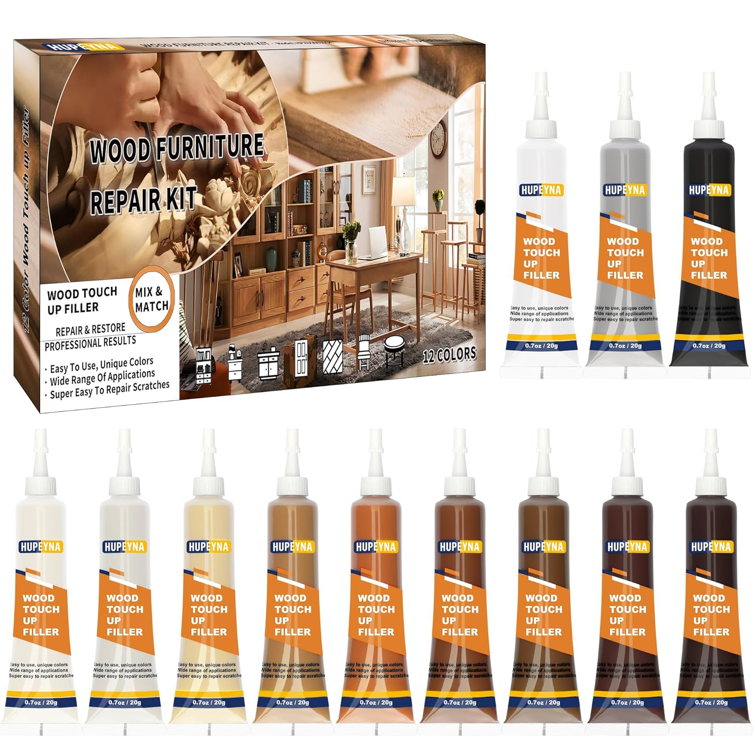 Wood Repair Kit, 12 Color Wood Fillers, Furniture Repair Kit, Repair Scratch, Cracks, Stains