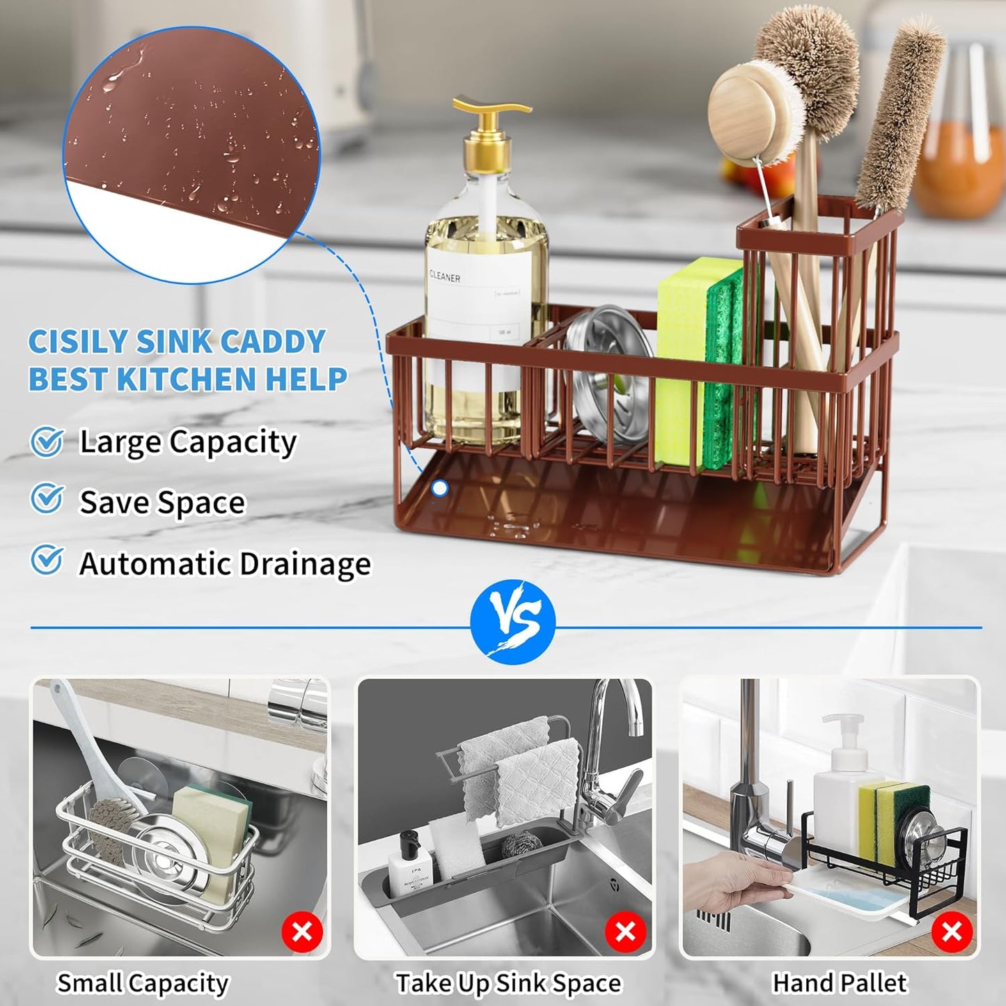 Cisily Kitchen Sink Caddy, Sponge Holder for Kitchen Sink, Kitchen Sink Organzier and Storage with