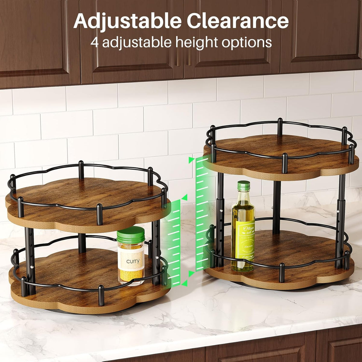 Lazy Susan Spice Rack Organization for Cabinet - 2 Tier Adjustable Height Lazy Turntable Spice