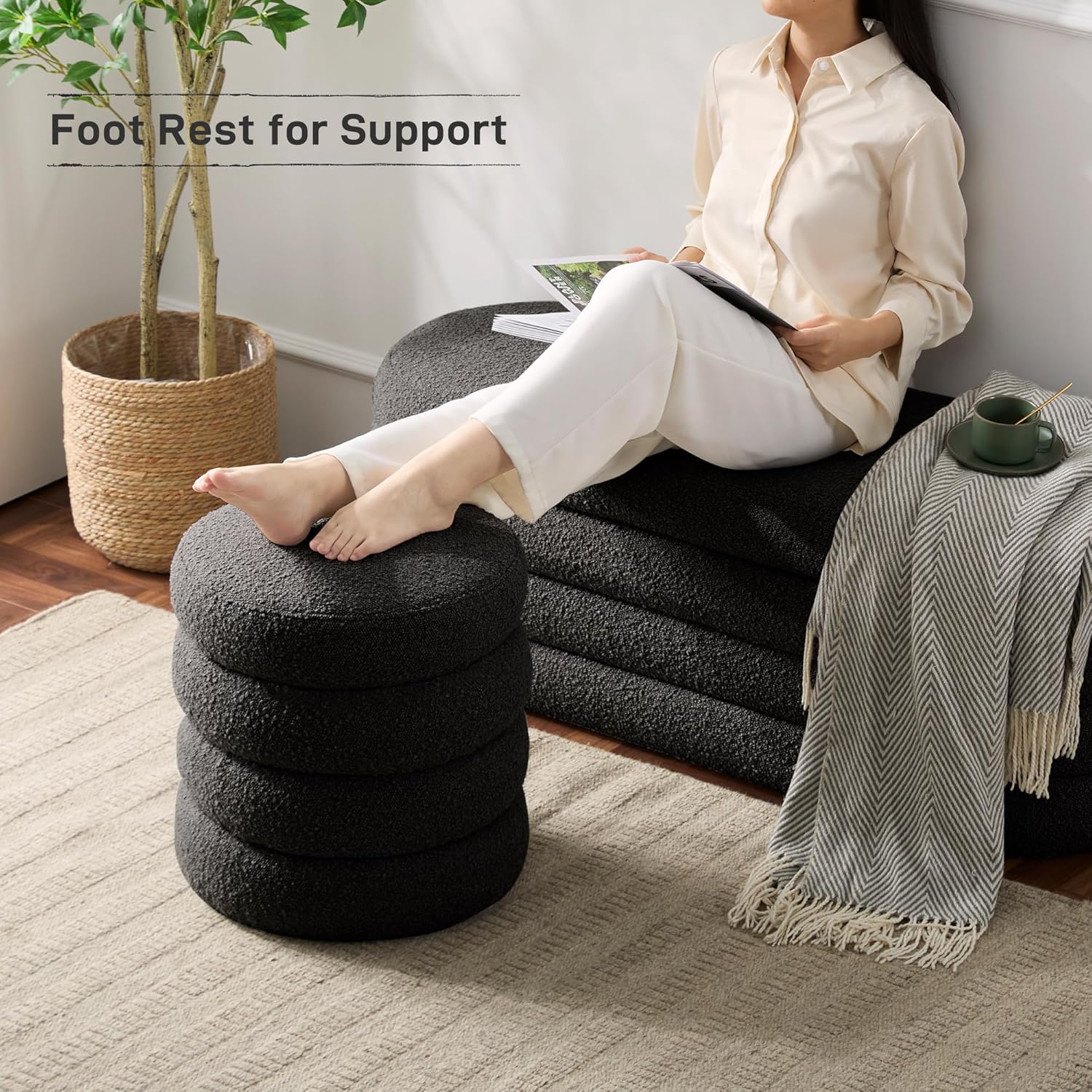 Round Ottoman with Storage Boucle Ottoman Stool with Storage Removable Lid for Living Room Modern