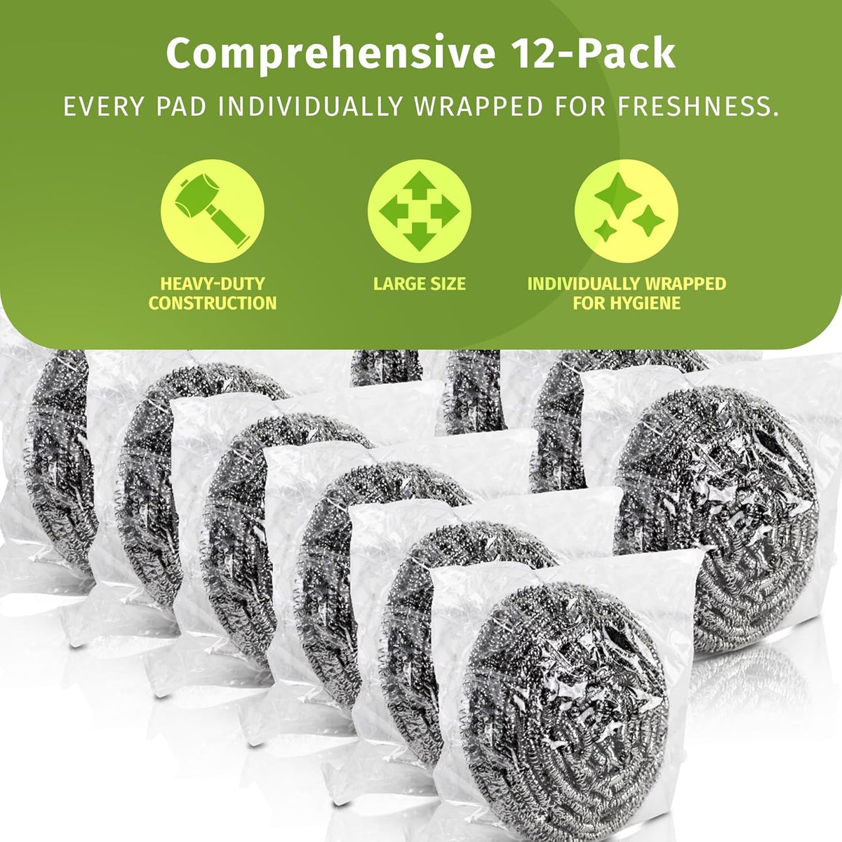 Brheez Stainless Steel Cleaner Scouring Pads [12 Pack] - Industrial & Commercial Strength Large