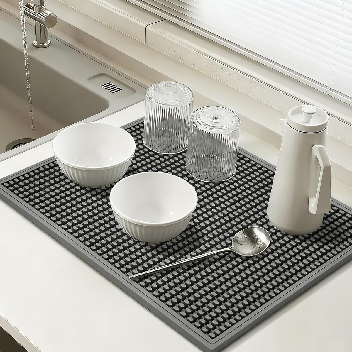dish drying mat - 18" x 12" Grey silicone drying mat , kitchen counter dish drying mats,rubber dish