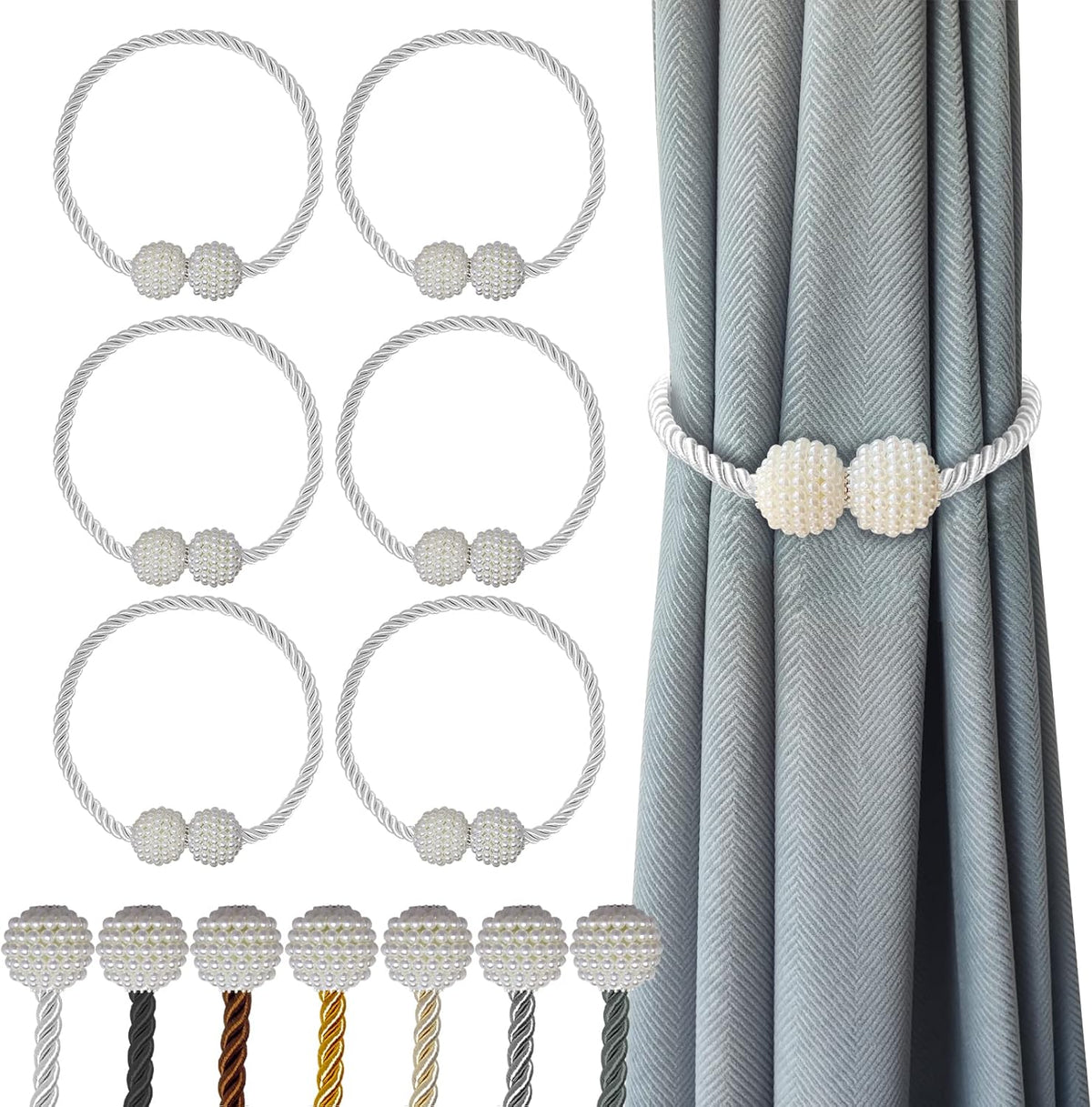 Hion Magnetic Curtain Tiebacks White 6 Pack, Curtain Tiebacks Buckles Holdbacks Holders Hooks Clip