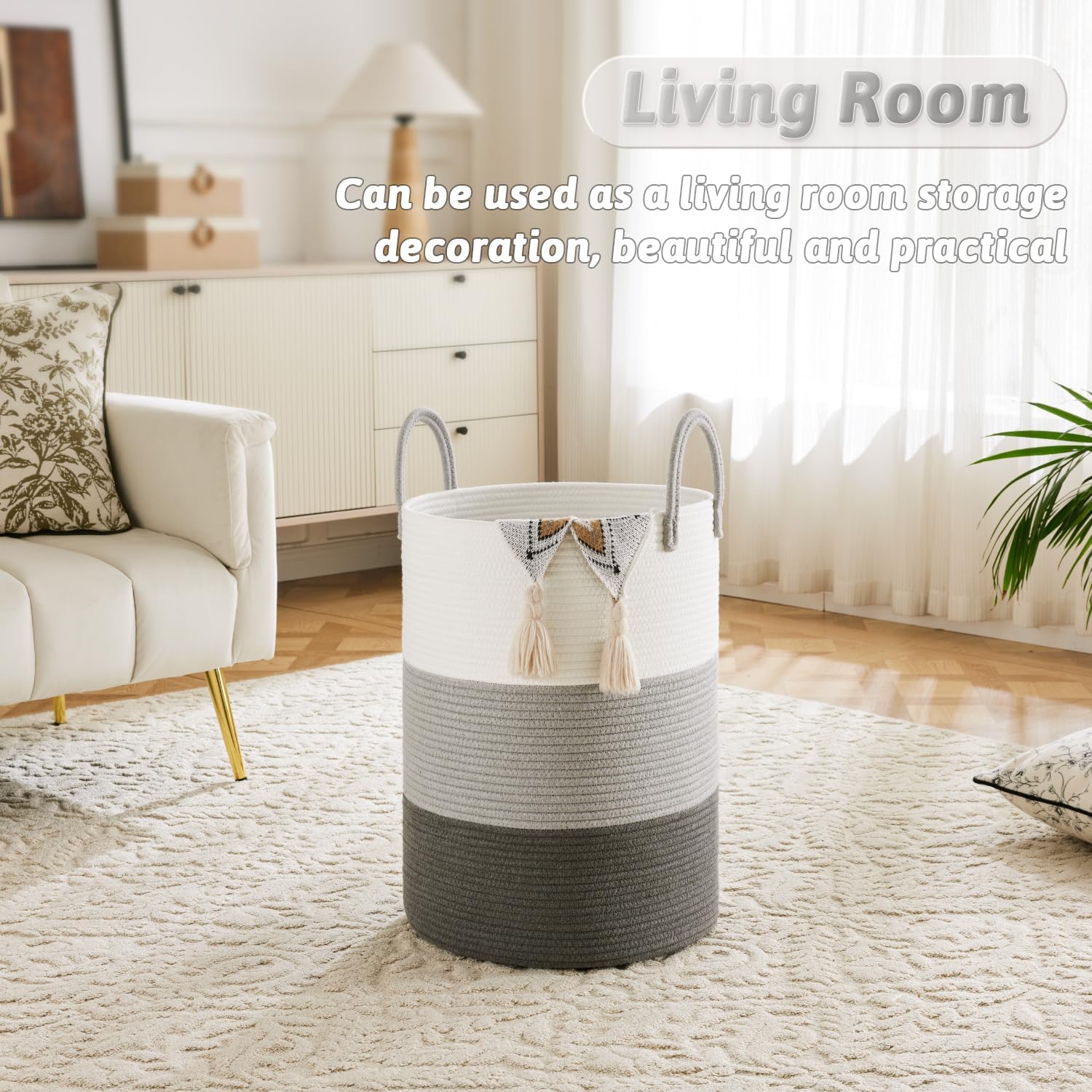Laundry Basket,Woven Cotton Rope Laundry Hamper,60L for Decorative Storage of Dirty Clothes,Toys