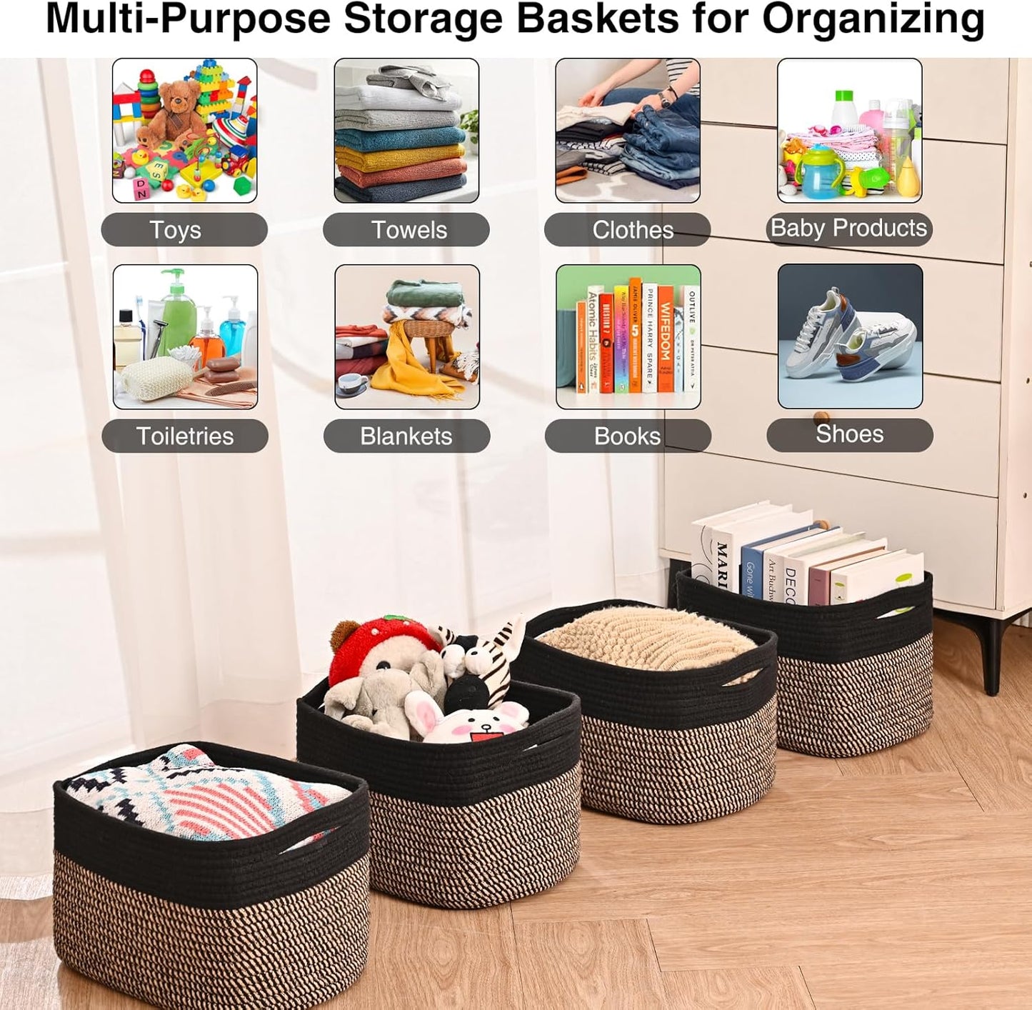 Small Storage Baskets for Organizing Shelves, Cotton Rope Basket for Storage, Cute Rectangular Book