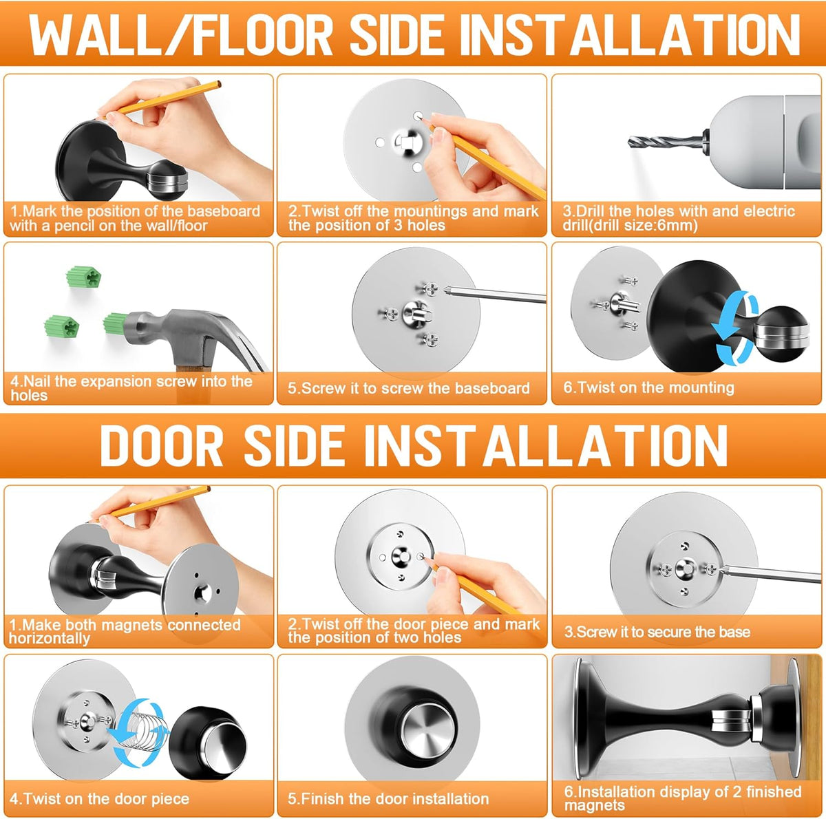 Crosize Magnetic Door Stoppers 4 Pack, Stainless Steel Door Catch for Wall and Floor Mounting, Door