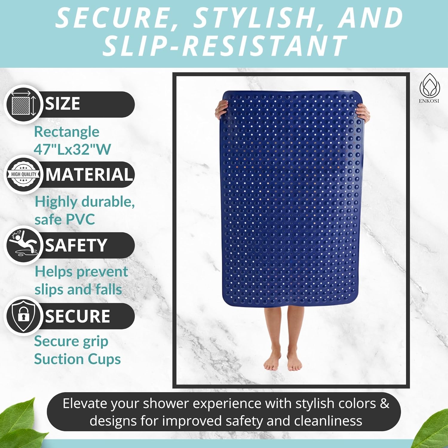 ENKOSI Extra Large Shower Mat Non Slip - 47 x 32 inch - XL Bathroom Shower Mat - Large Shower Matts