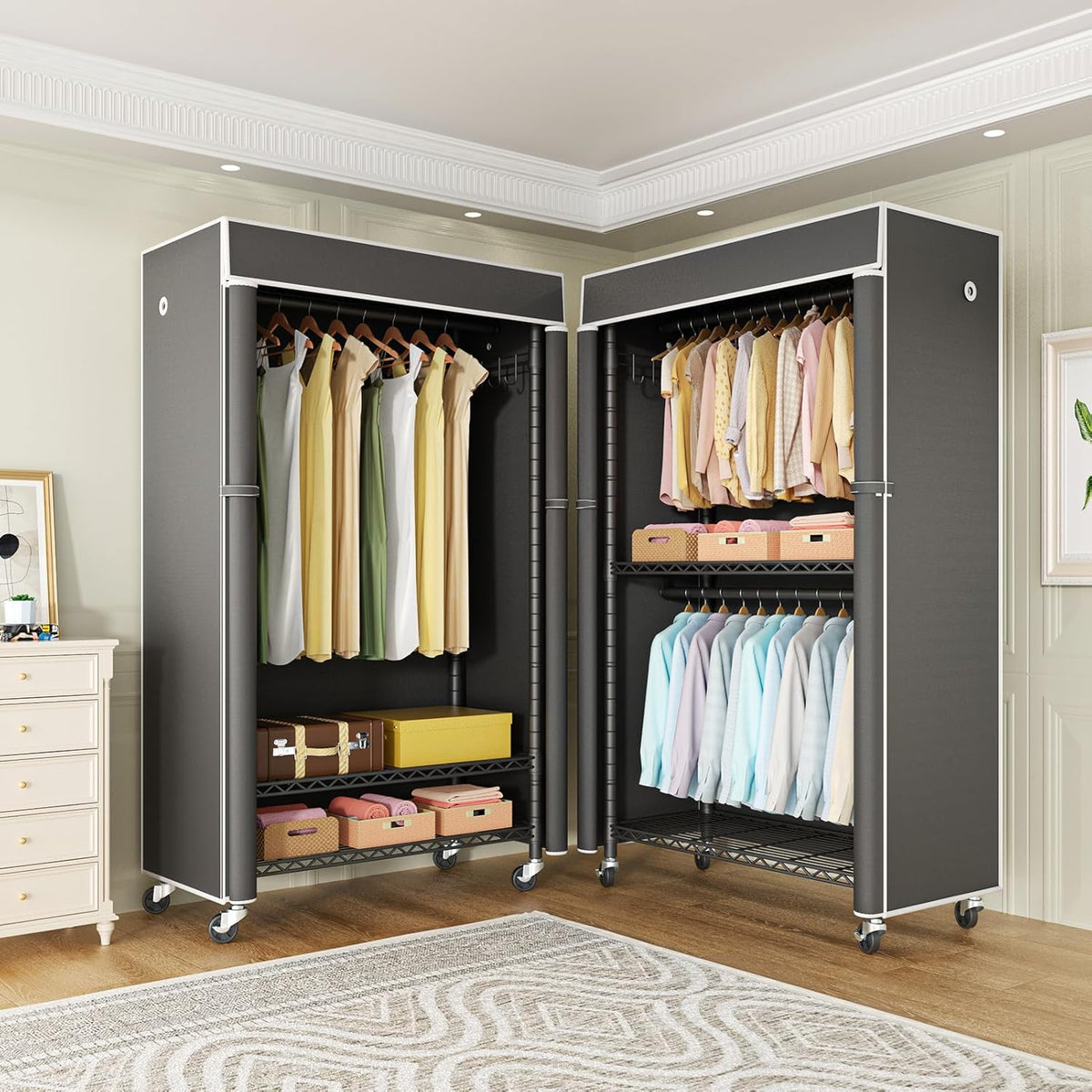 FUTASSI Black Clothing Rack with Dark Gray Cover, P1C Rolling Closets with Wheels, Metal Garment