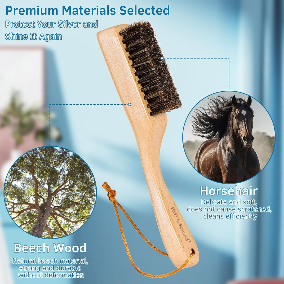 BFWood Horsehair Silver Brush - 2PCS Detailing Brush Set for Silverware - Jewelry Cleaning Brushes